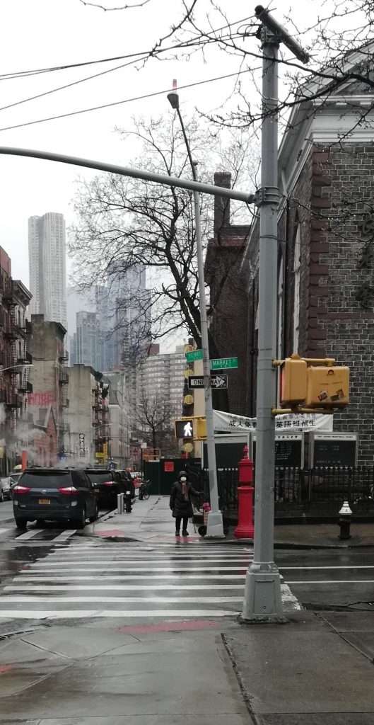 Lady crossing street chinatown nyc