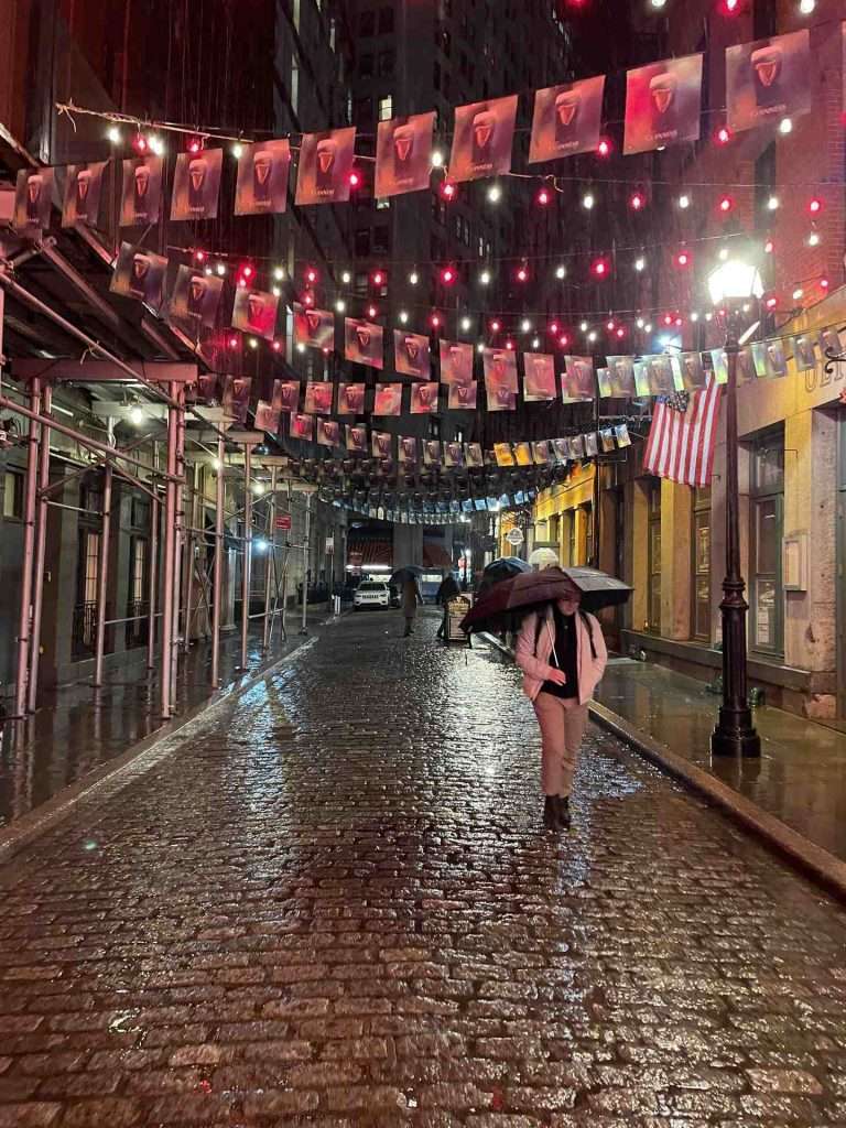 Stone street in NYC during the rain